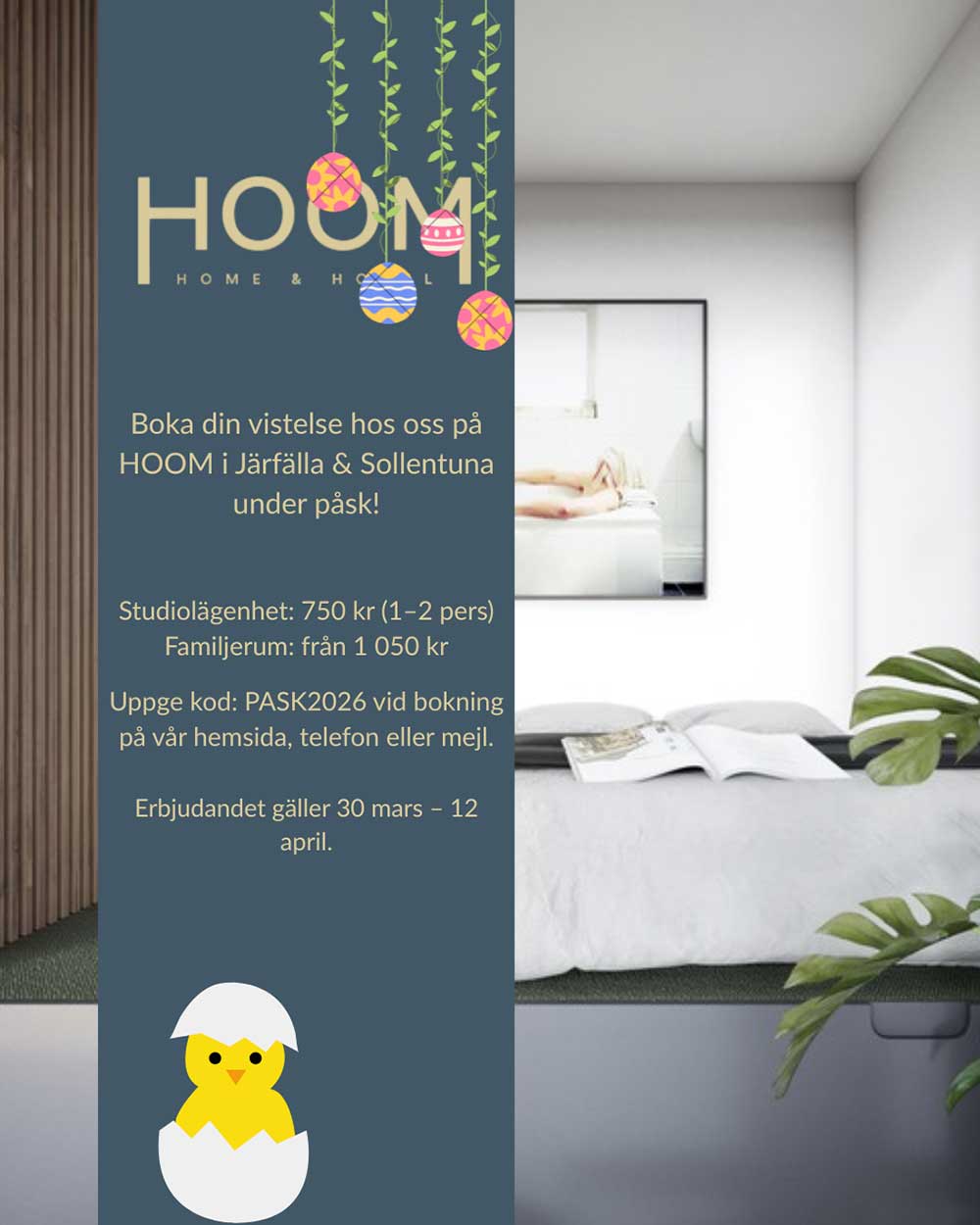Studio 750 kr (1–2 pers) Familj från 1050 kr + 100 krpers Uppge bokningskod PÅSK2026 för att ta del utav erbjudandet